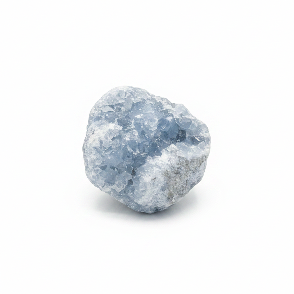 Soft blue Celestite cluster from Madagascar, approximately 2–3 inches on a clean light background