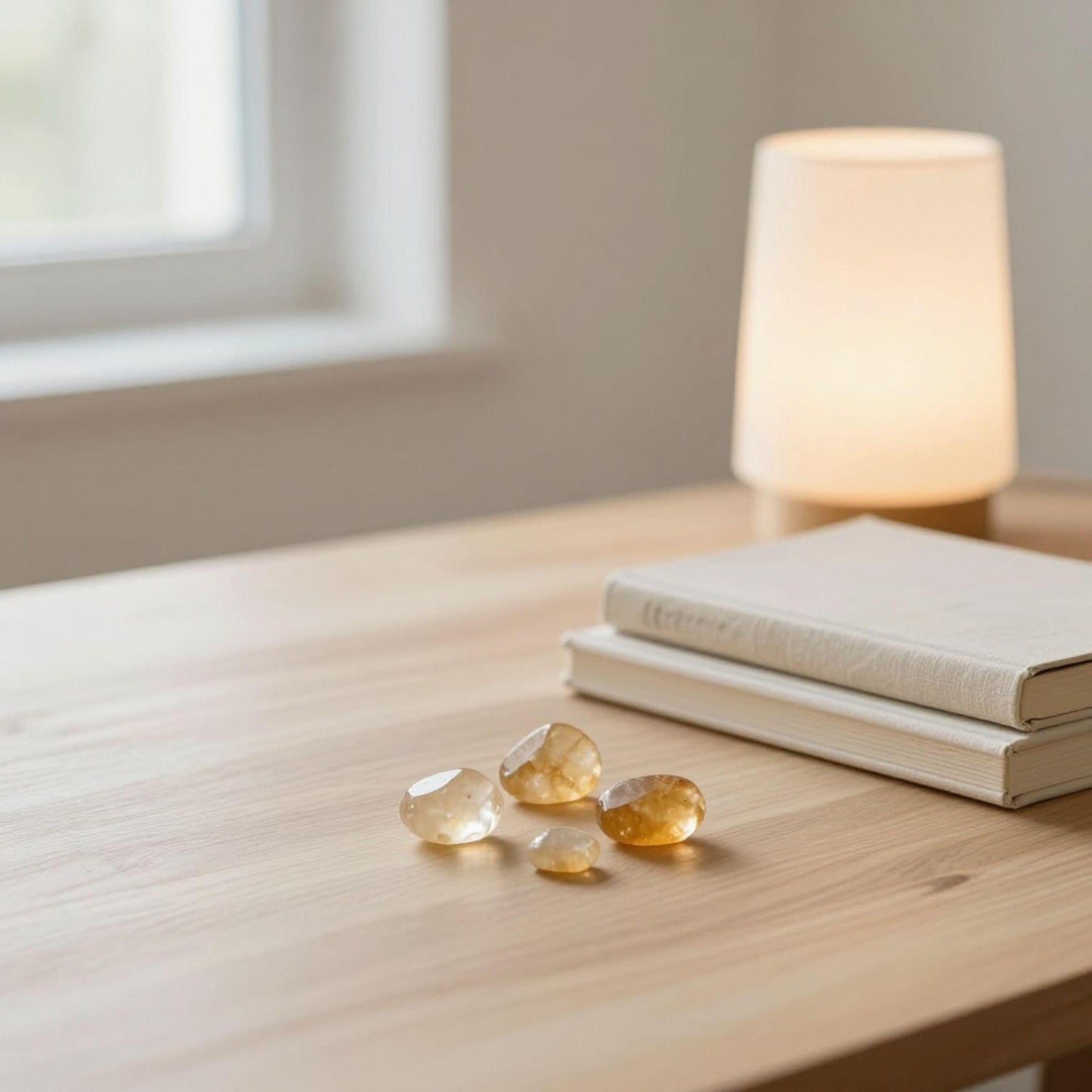 Four polished citrine crystal stones arranged on a light wood table next to a stack of neutral-colored books and a softly glowing table lamp in a bright, minimalist room.