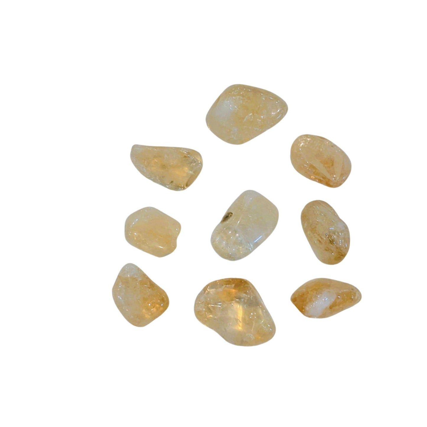 Nine polished citrine tumbled gemstones in a warm golden-yellow and cream color, arranged on a plain white background.