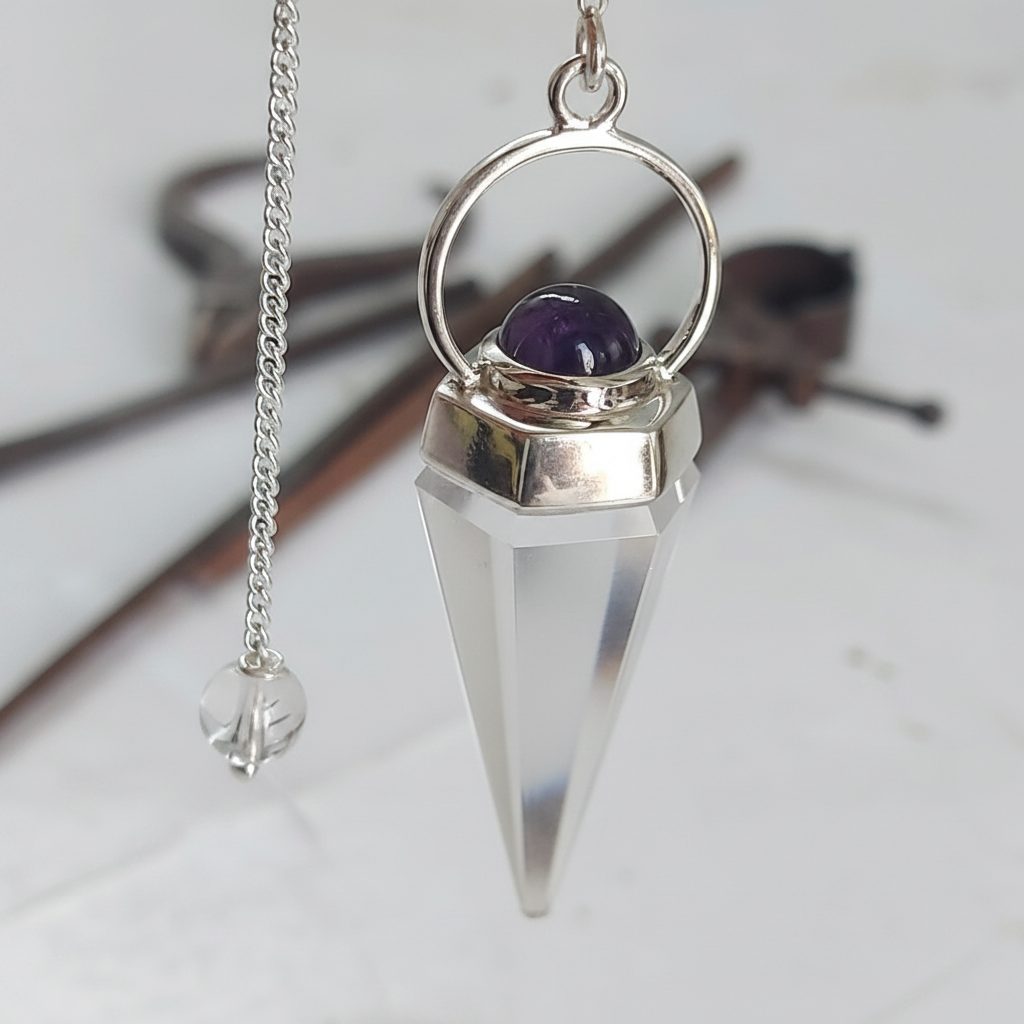 Clear Quartz and Amethyst pendulum displayed for divination and reflection