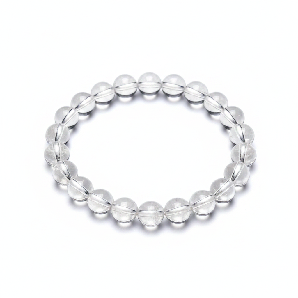 Clear Quartz 8mm beaded stretch bracelet on a white background