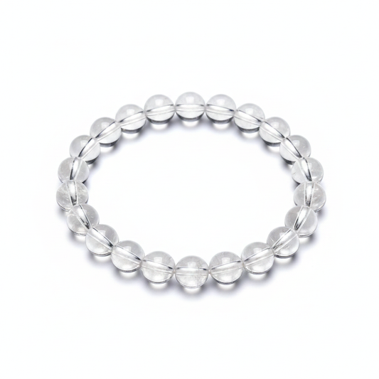 Clear Quartz 8mm beaded stretch bracelet on a white background