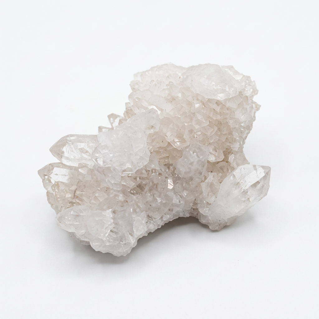 Medium Clear Quartz crystal cluster on a white background