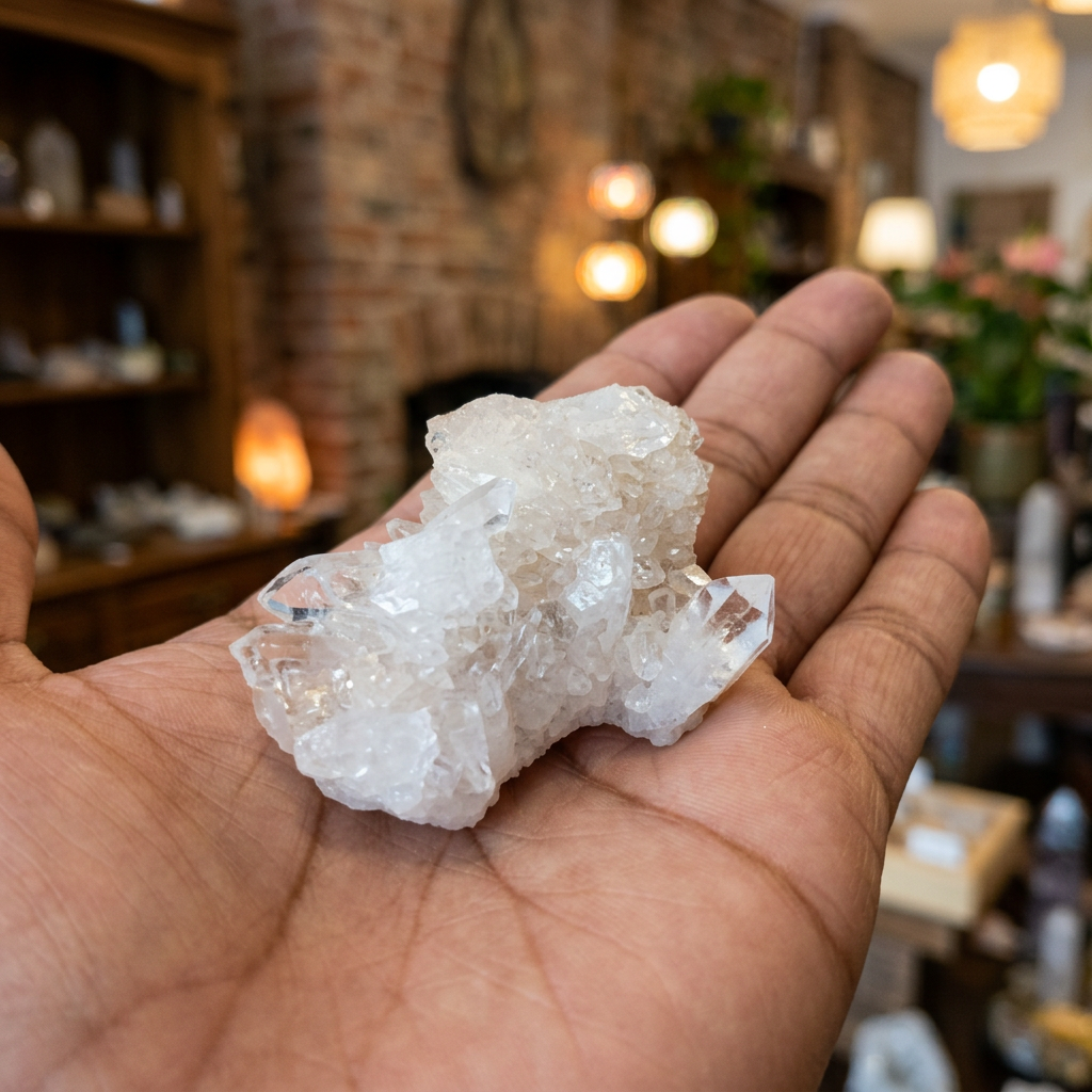 Medium Clear Quartz cluster resting in a hand for scale