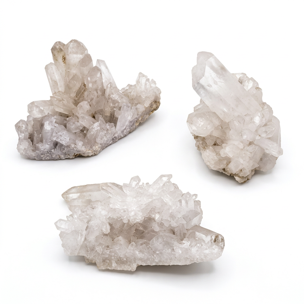 Extra-large Clear Quartz crystal clusters on a white background