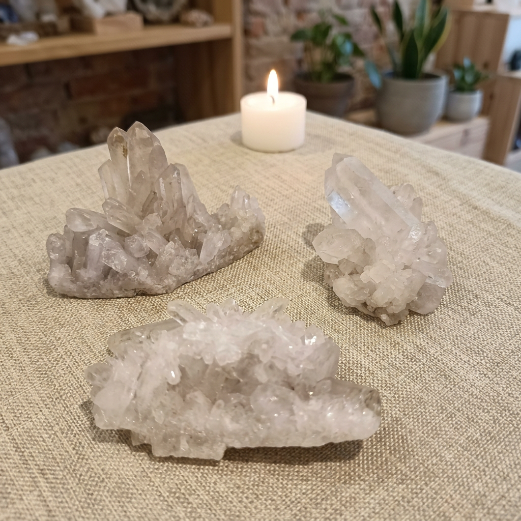 Extra-large Clear Quartz clusters arranged on warm linen beside a candle