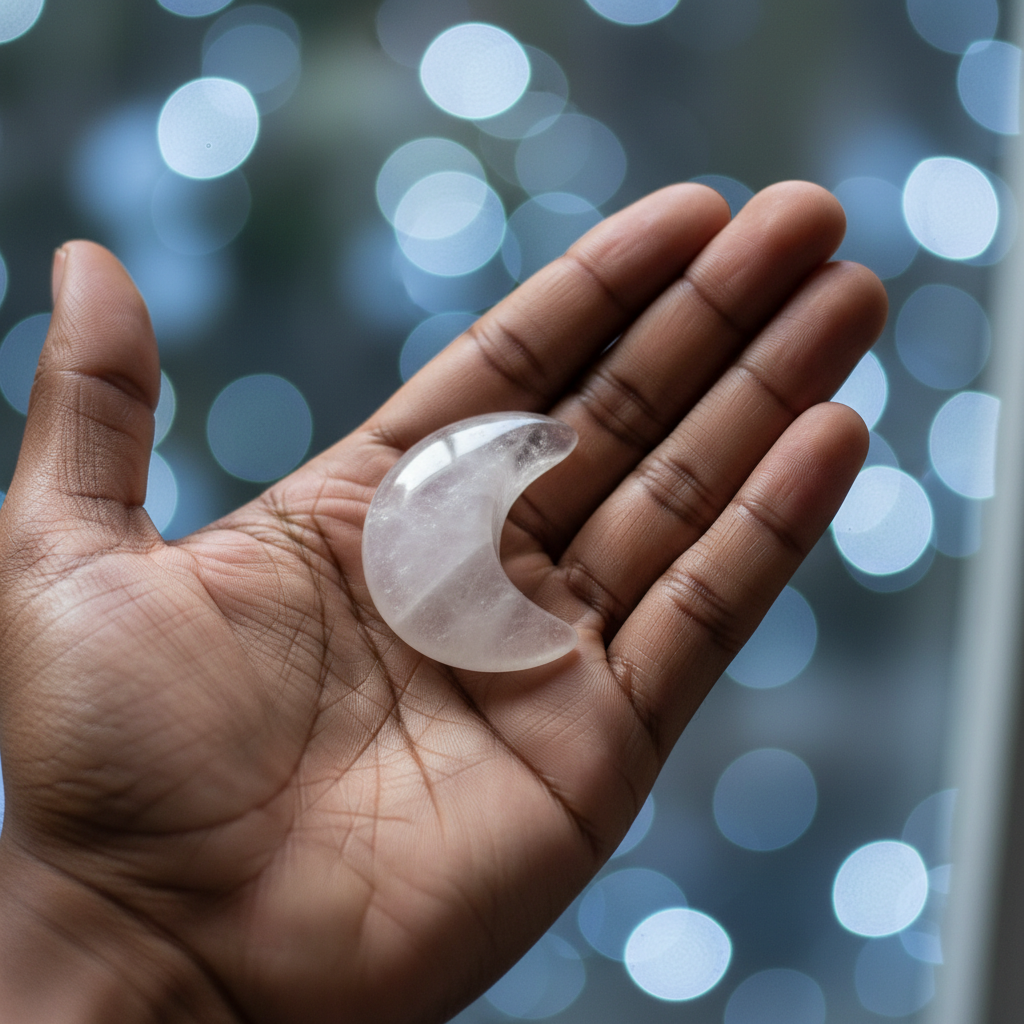 Clear Quartz Crescent Moon displayed in a calm lifestyle setting for scale and styling inspiration.
