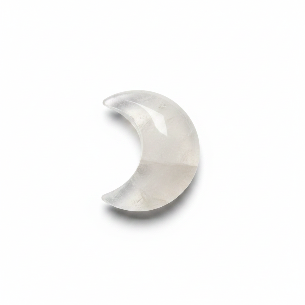 Clear Quartz Crescent Moon shown clearly on a clean white background, highlighting its color, shape, and natural variation.