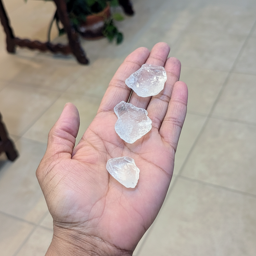 Rough Clear Quartz Chunks held in hand to show approximate scale
