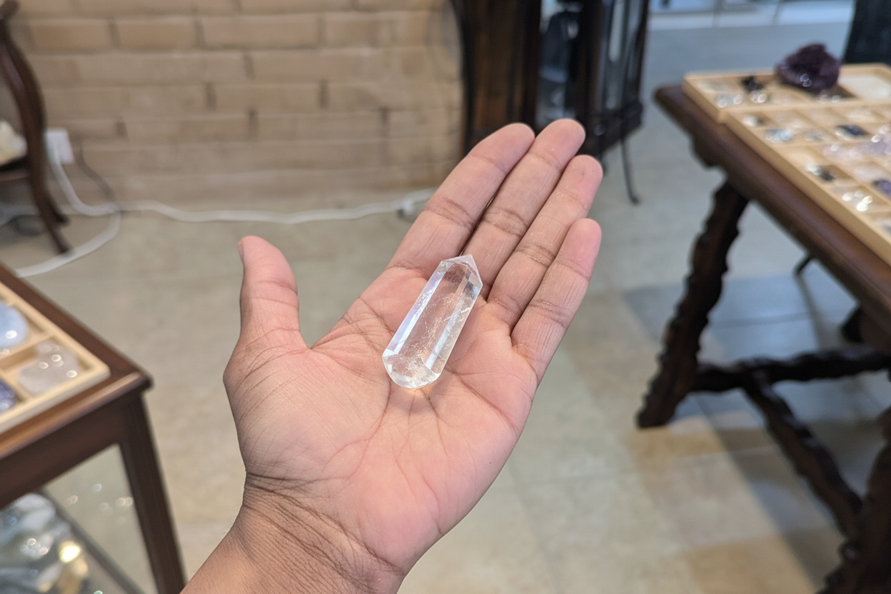 2-Inch Clear Quartz Massager with 6 Facets held in hand to show approximate scale