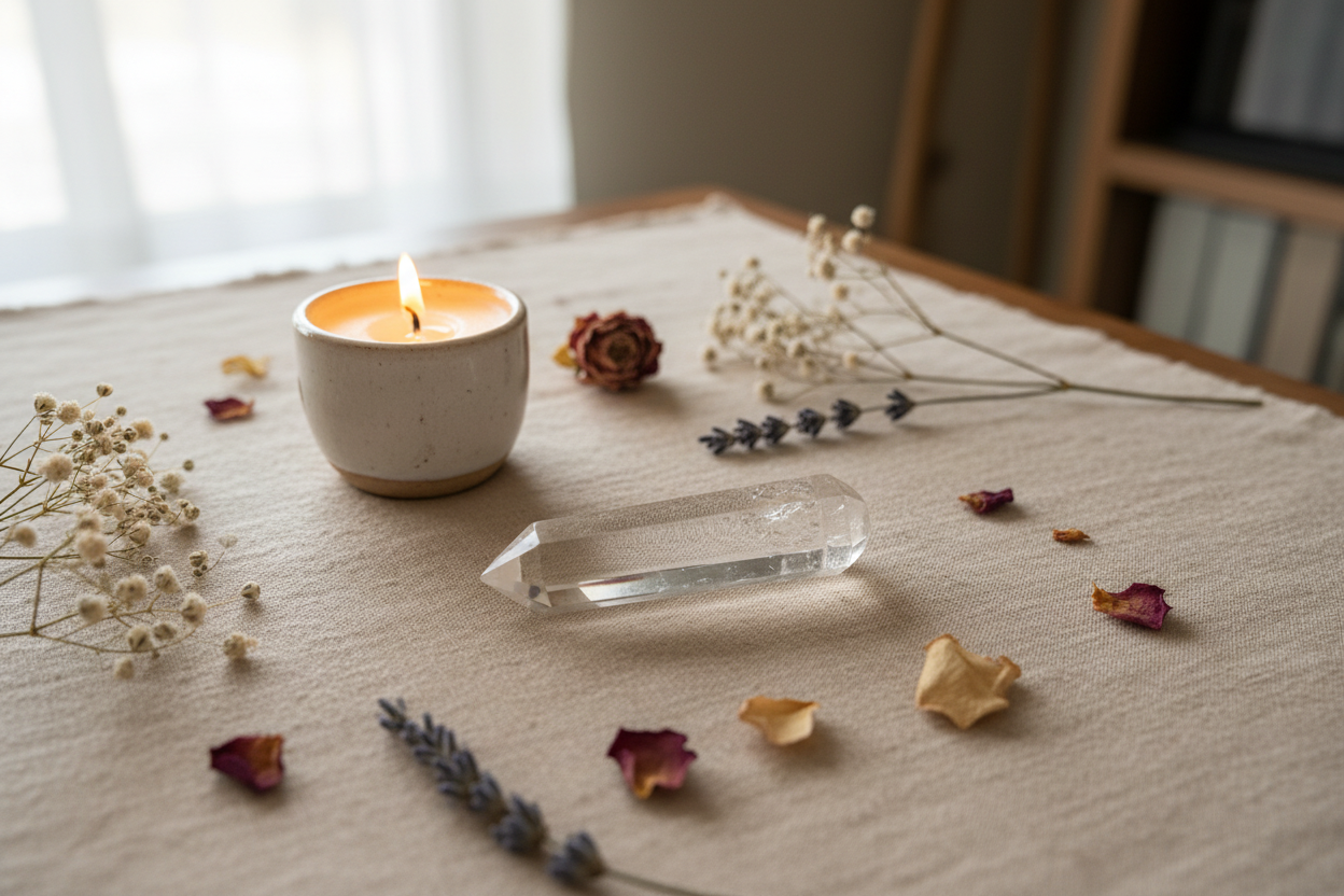 2-Inch Clear Quartz Massager with 6 Facets displayed in a calm styled setting