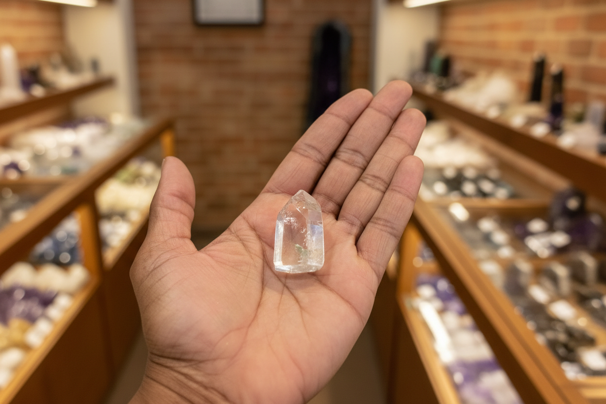 Clear Quartz Points 1" - 2" held in hand to show approximate scale