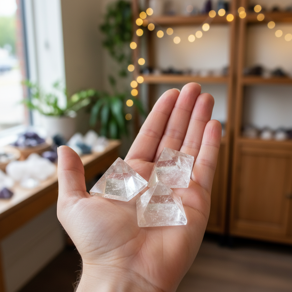 Clear Quartz Pyramid displayed in a calm lifestyle setting
