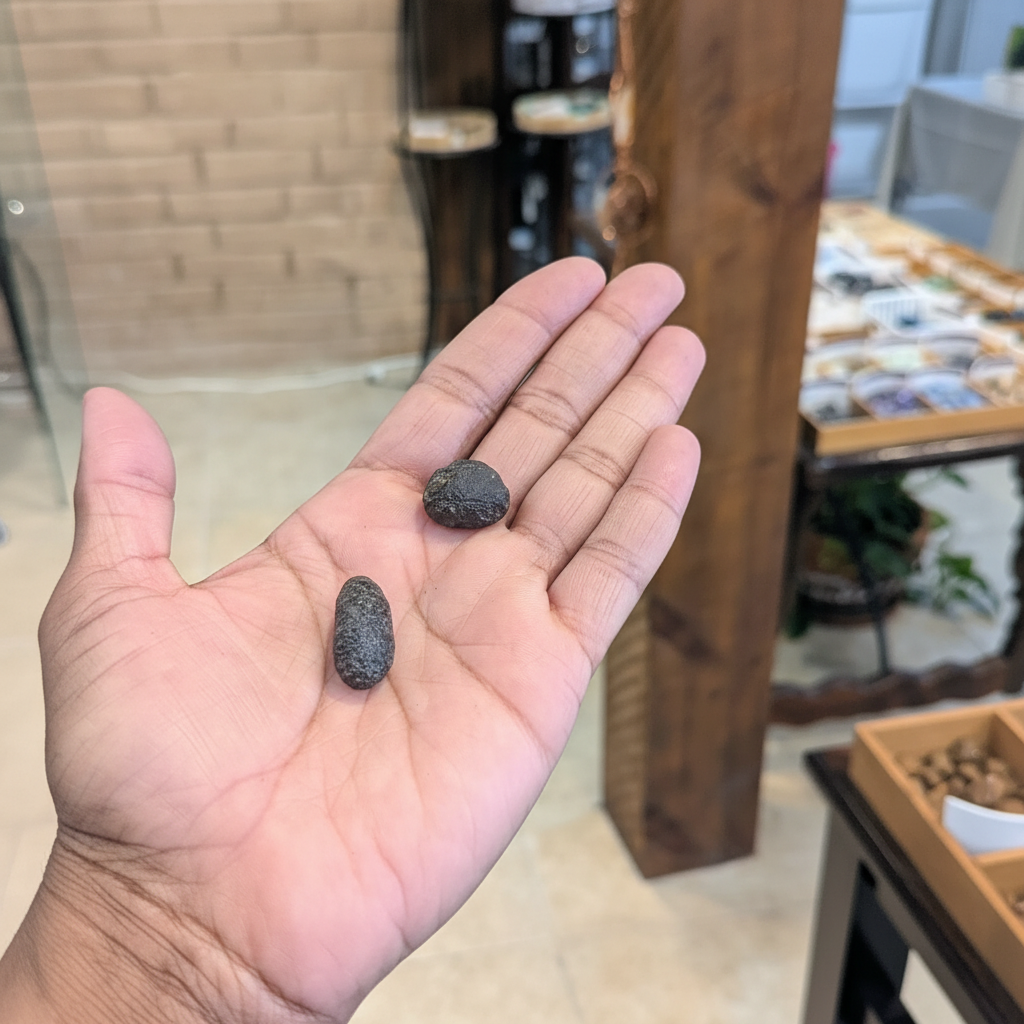 Colombianite Rough natural crystal held in hand to show approximate scale