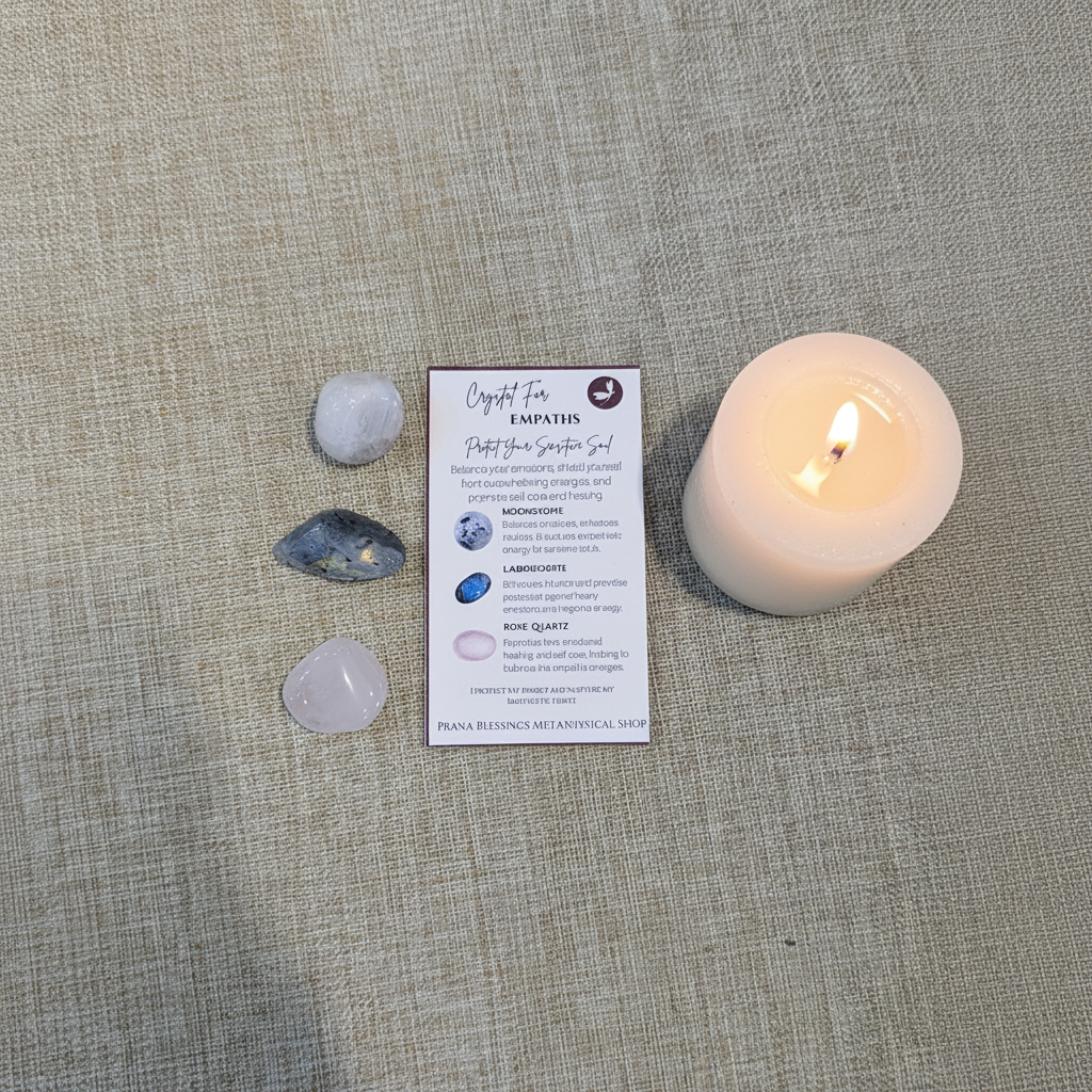 Moonstone, Labradorite, and Rose Quartz empath crystal bundle arranged together