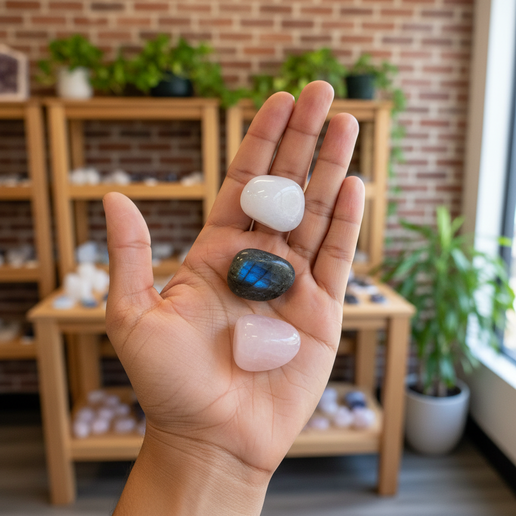 Empath crystal bundle with Moonstone, Labradorite, and Rose Quartz held in hand