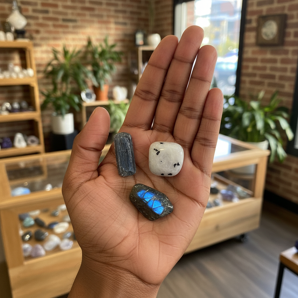 Kyanite, Moonstone, and Labradorite crystal bundle held in hand