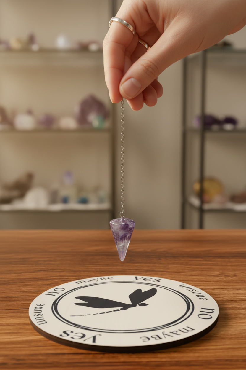 Dragonfly pendulum board shown in use with a pendulum