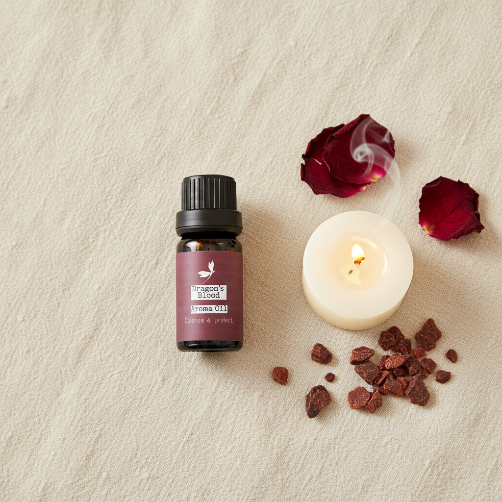 Overhead flat-lay view of Prana Blessings Dragon’s Blood Aroma Oil 10 mL bottle