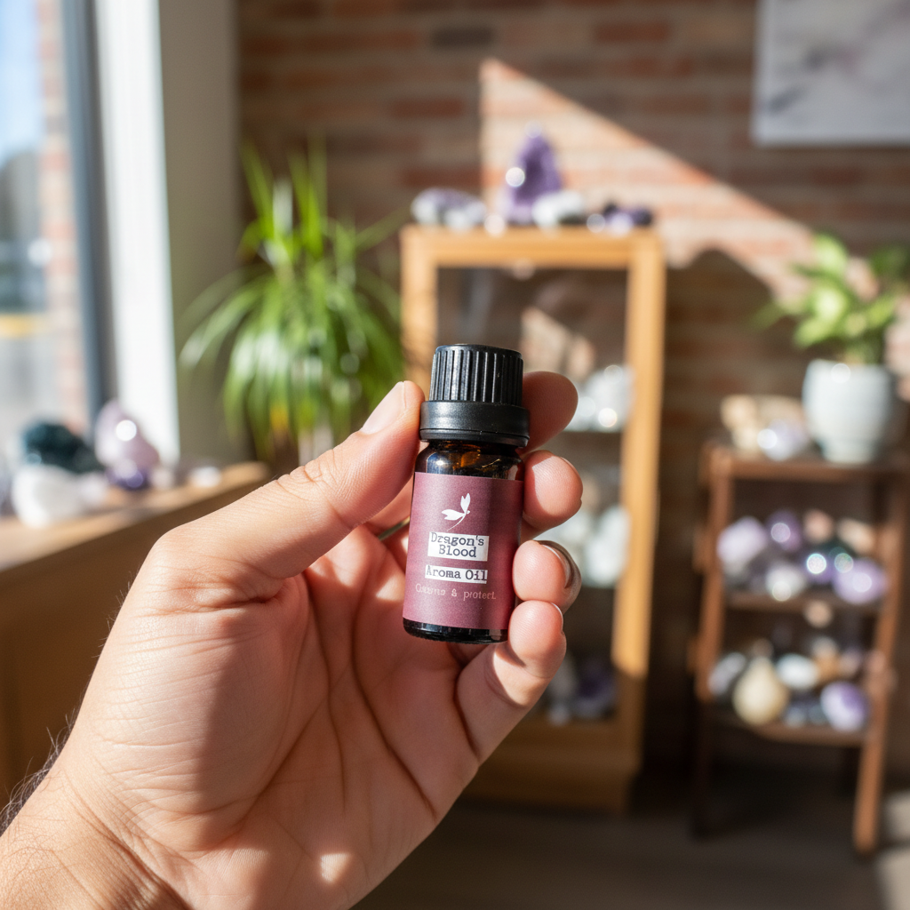 Prana Blessings Dragon’s Blood Aroma Oil bottle held in hand to show its compact size