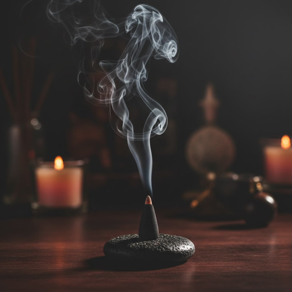 Dragon’s Blood incense cone burning in a grounding ritual scene