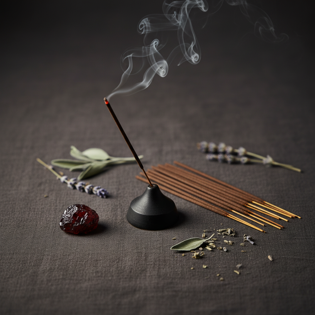 Dragon's Blood incense stick smoldering in earthy ritual flat lay