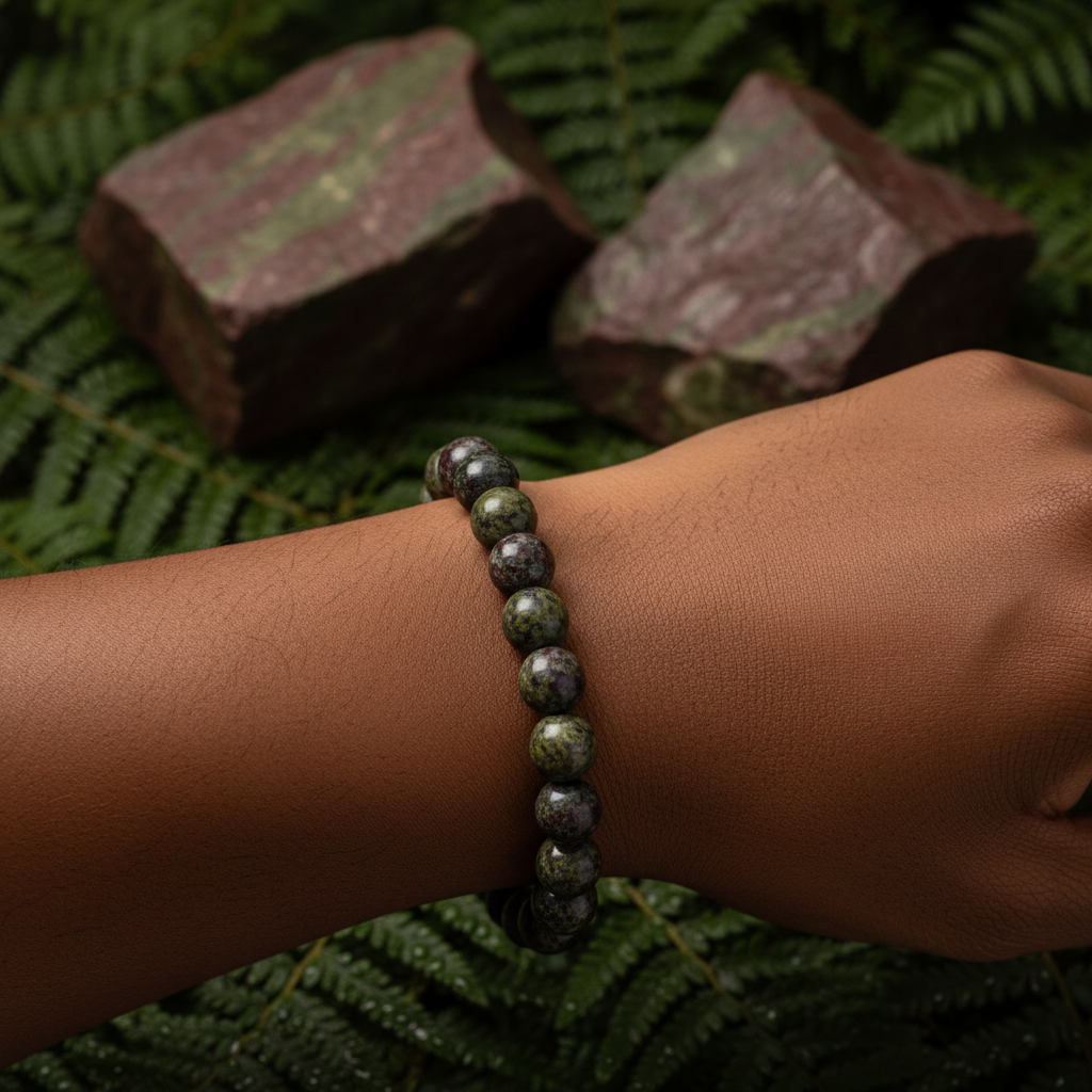 Dragon's Blood Jasper 8mm bracelet worn on wrist with raw jasper stones and dark ferns in background — Prana Blessings