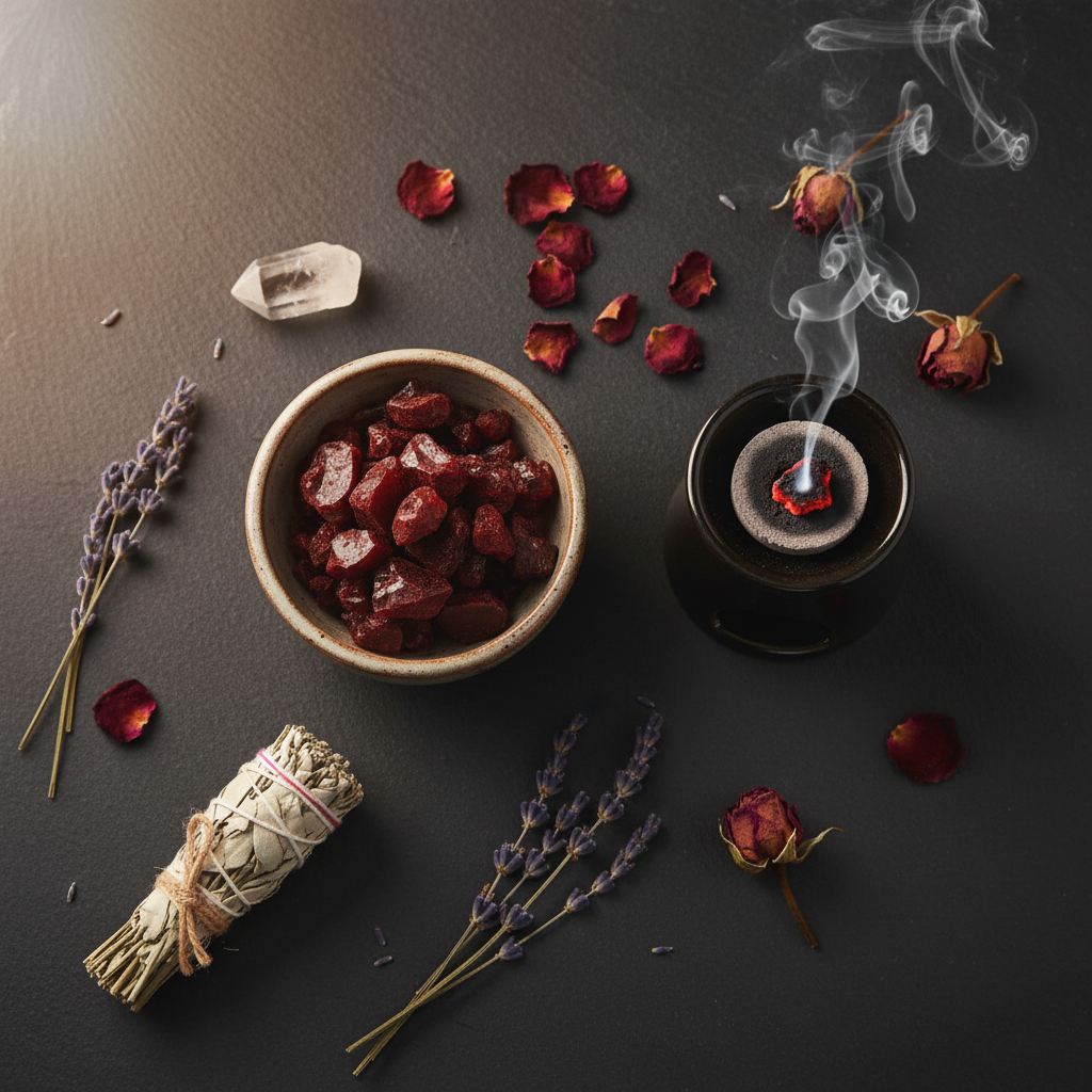 Dragon's Blood resin in ceramic bowl styled with ritual burner and botanicals