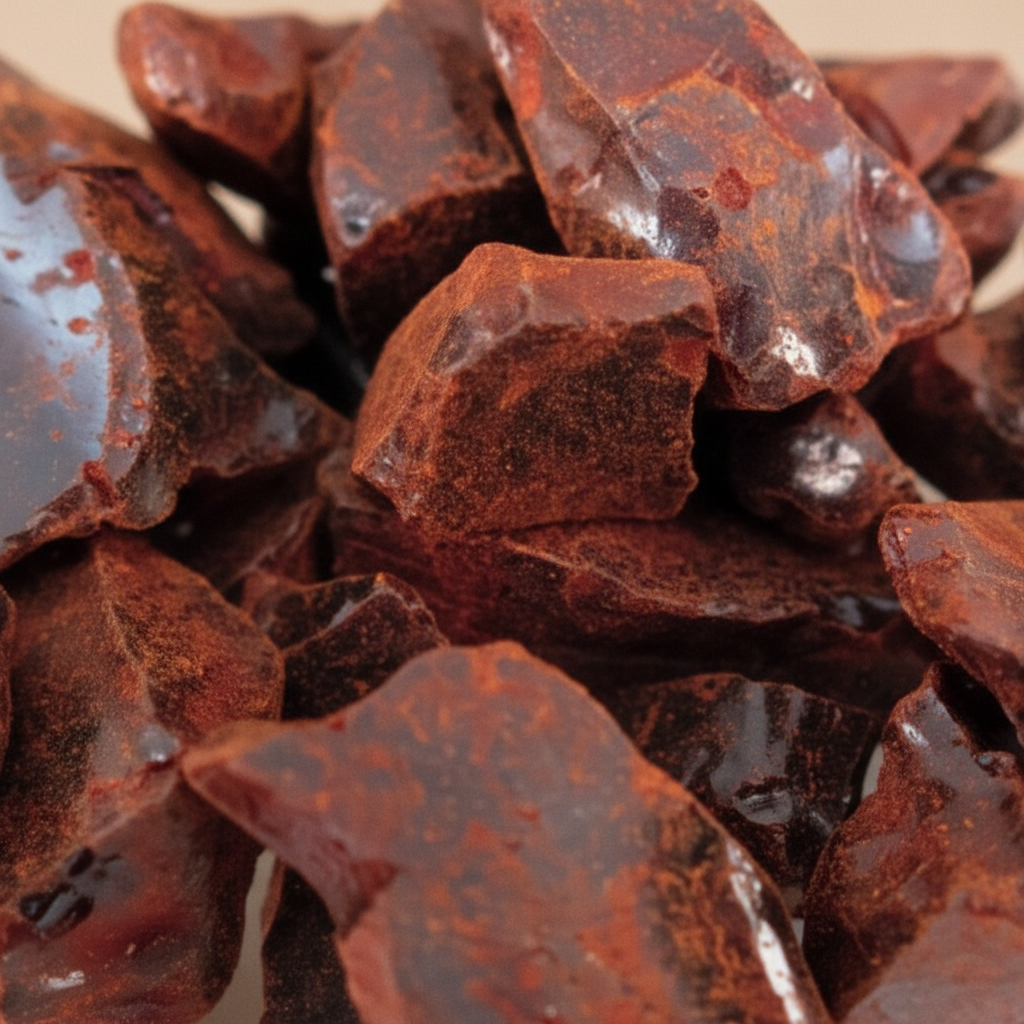 Close-up of Dragon's Blood resin showing deep red translucent texture
