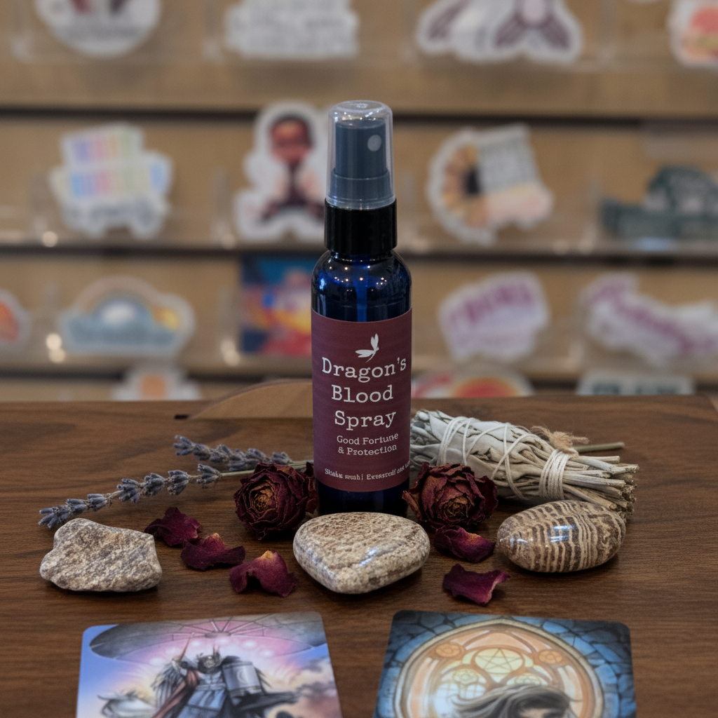 Dragon's Blood spray bottle styled with stones and tarot cards on dark wood