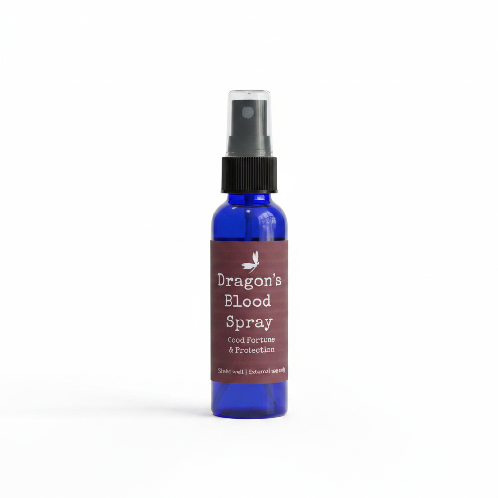 Dragon's Blood aromatic spray 2oz cobalt blue bottle on white background