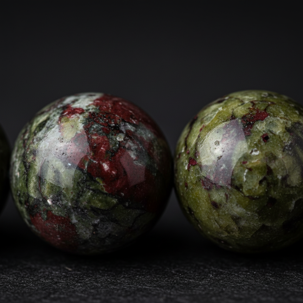Close-up of Dragon's Blood Jasper 8mm bracelet beads showing deep forest green stone with dramatic burgundy red patches — Prana Blessings