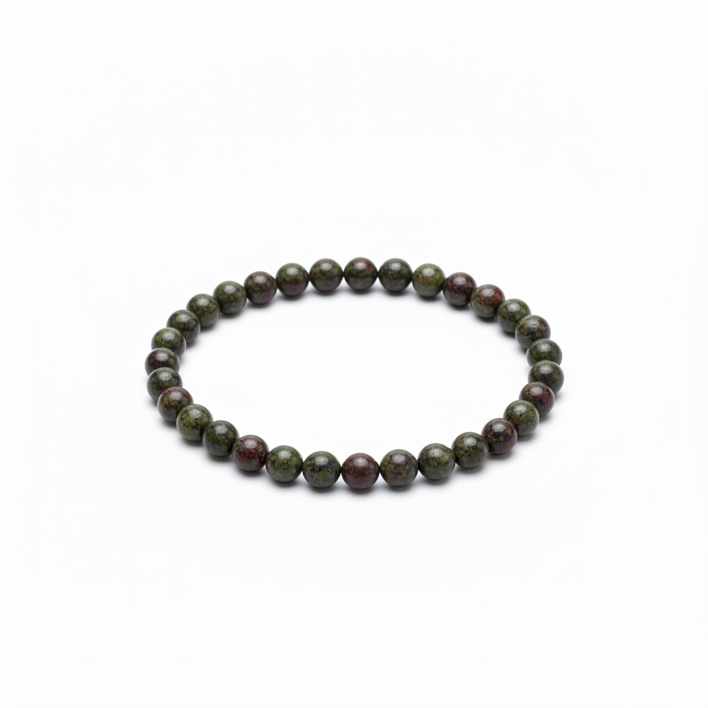 Dragon's Blood Jasper 8mm beaded bracelet on white background — deep forest green with burgundy red natural stone crystal bracelet by Prana Blessings