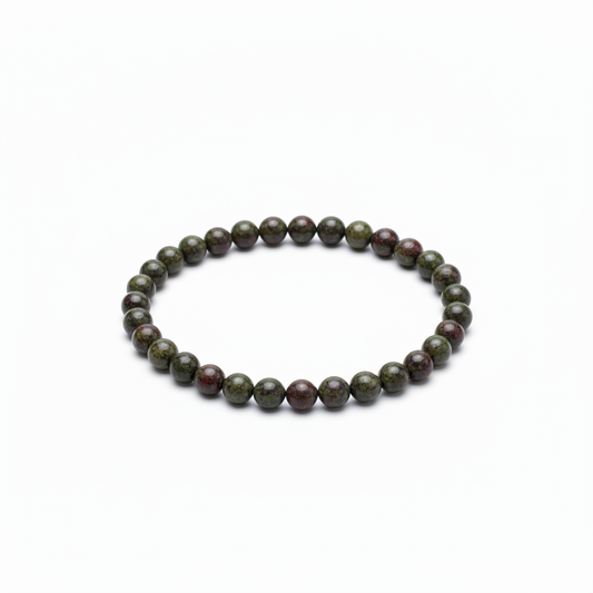 Dragon's Blood Jasper 8mm beaded bracelet on white background — deep forest green with burgundy red natural stone crystal bracelet by Prana Blessings