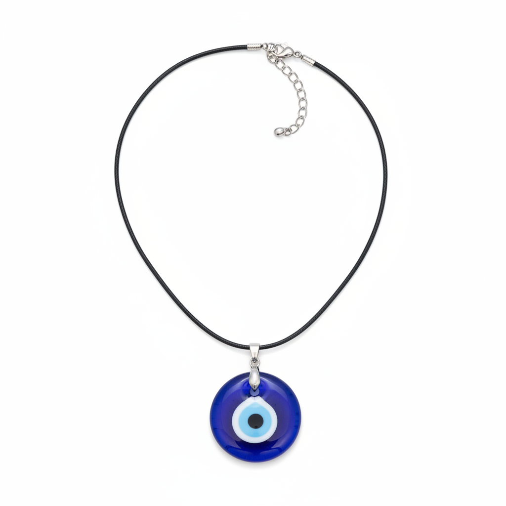 Blue and white glass Evil Eye pendant with chain on a white background