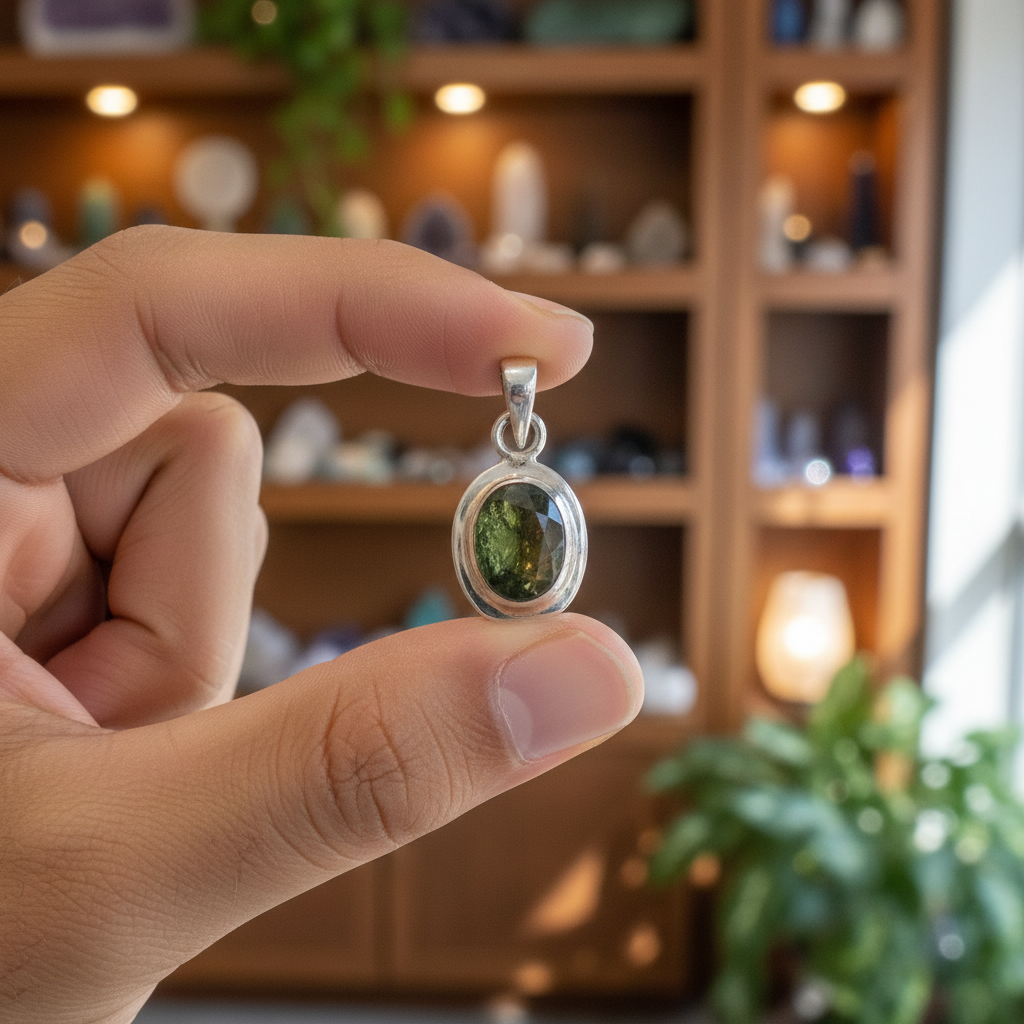 Faceted Moldavite sterling silver pendant displayed in a styled setting