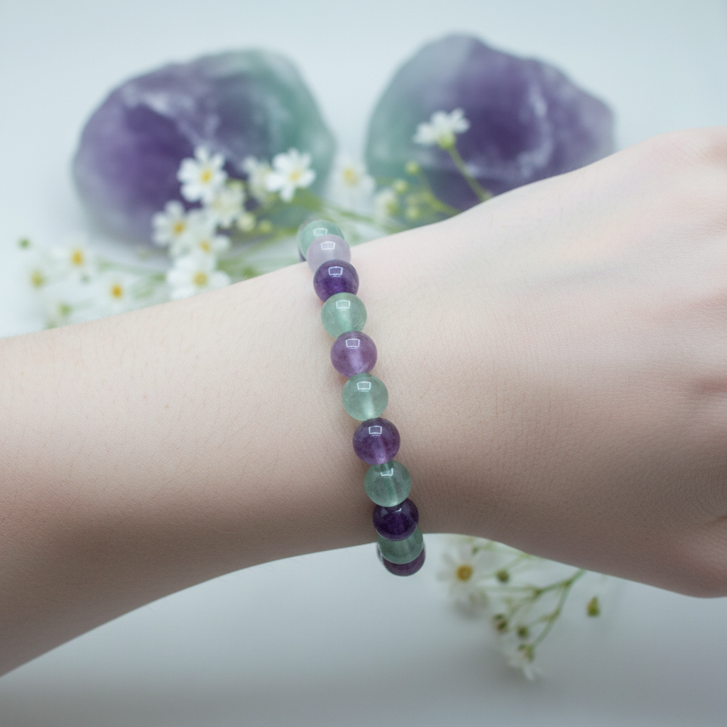 Fluorite 8mm bracelet worn on wrist with raw fluorite crystals and white flowers in background — Prana Blessings