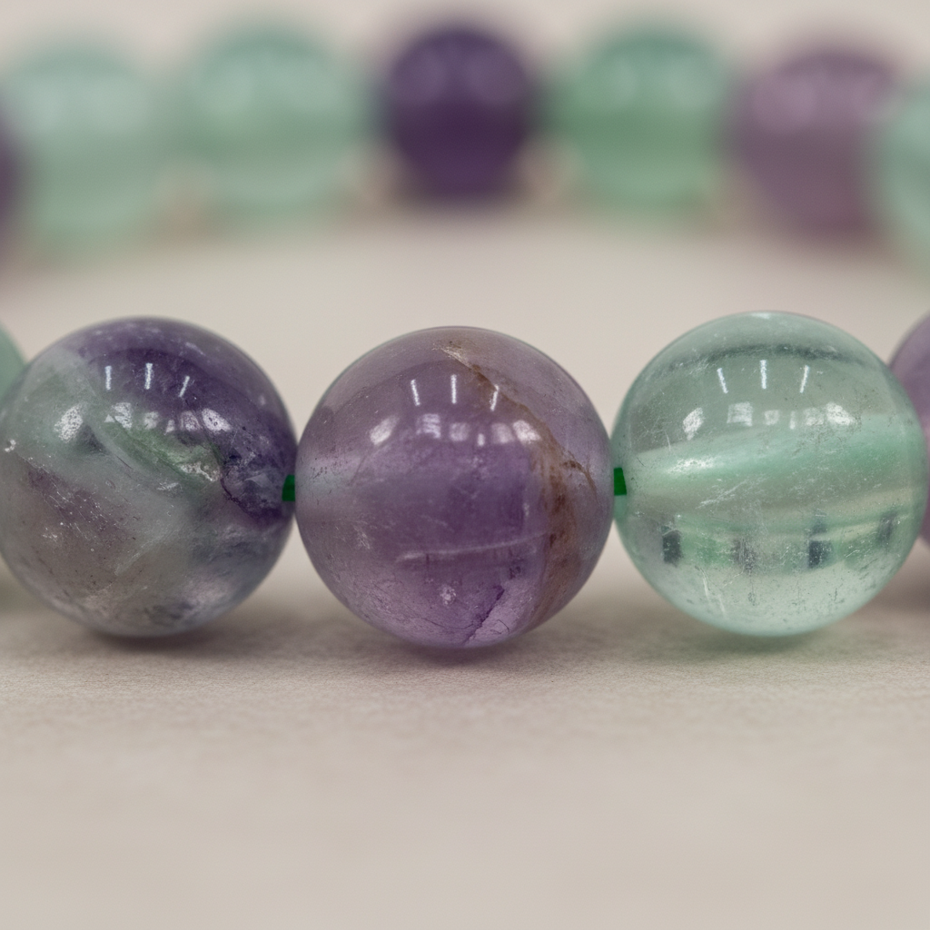 Close-up of Fluorite 8mm bracelet beads showing soft purple and mint green translucent stone with natural banding — Prana Blessings