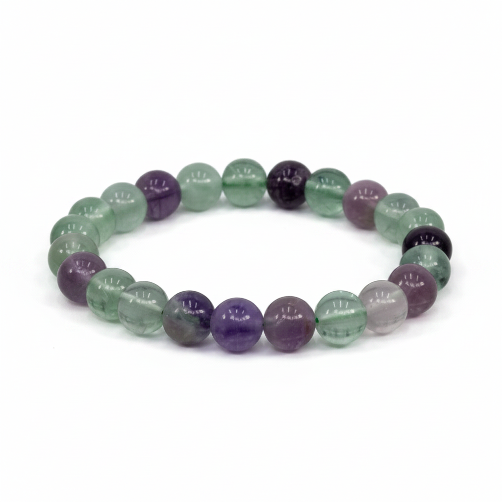 Fluorite 8mm beaded bracelet on white background — soft purple and mint green translucent natural stone crystal bracelet by Prana Blessings