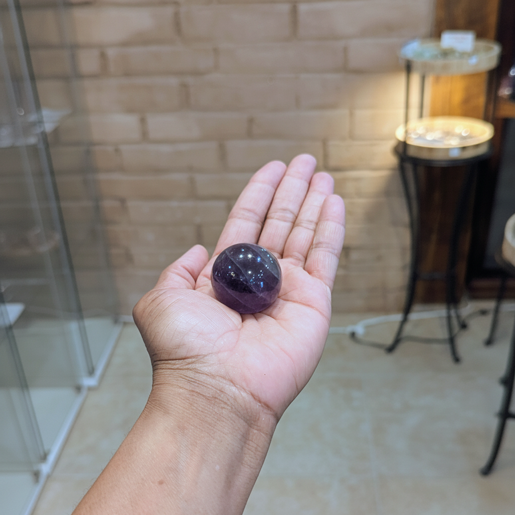 Polished 35mm multicolor Fluorite sphere held in hand to show approximate scale