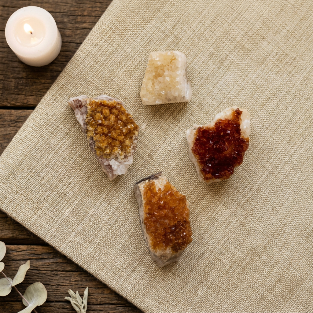 Four golden Citrine clusters arranged on warm linen beside a candle