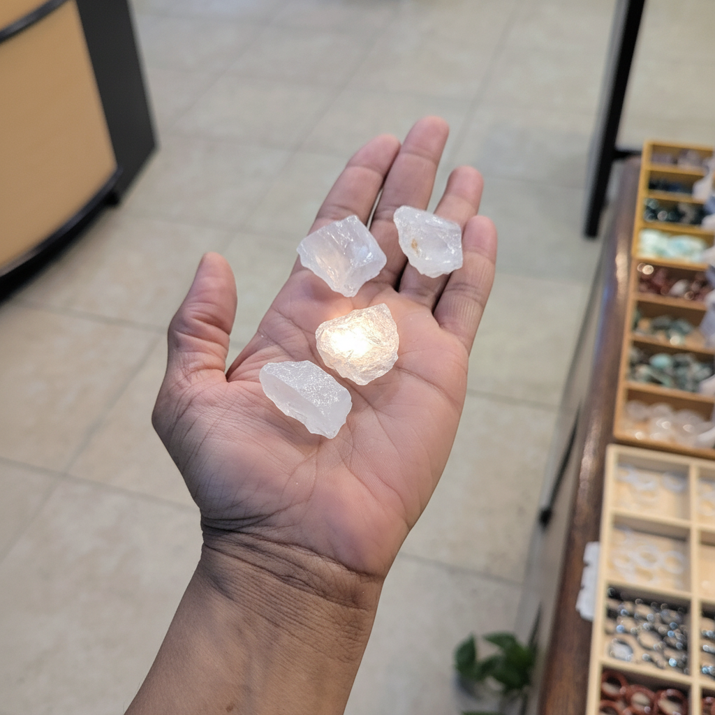 Girasol Rough Stone natural crystal held in hand to show approximate scale