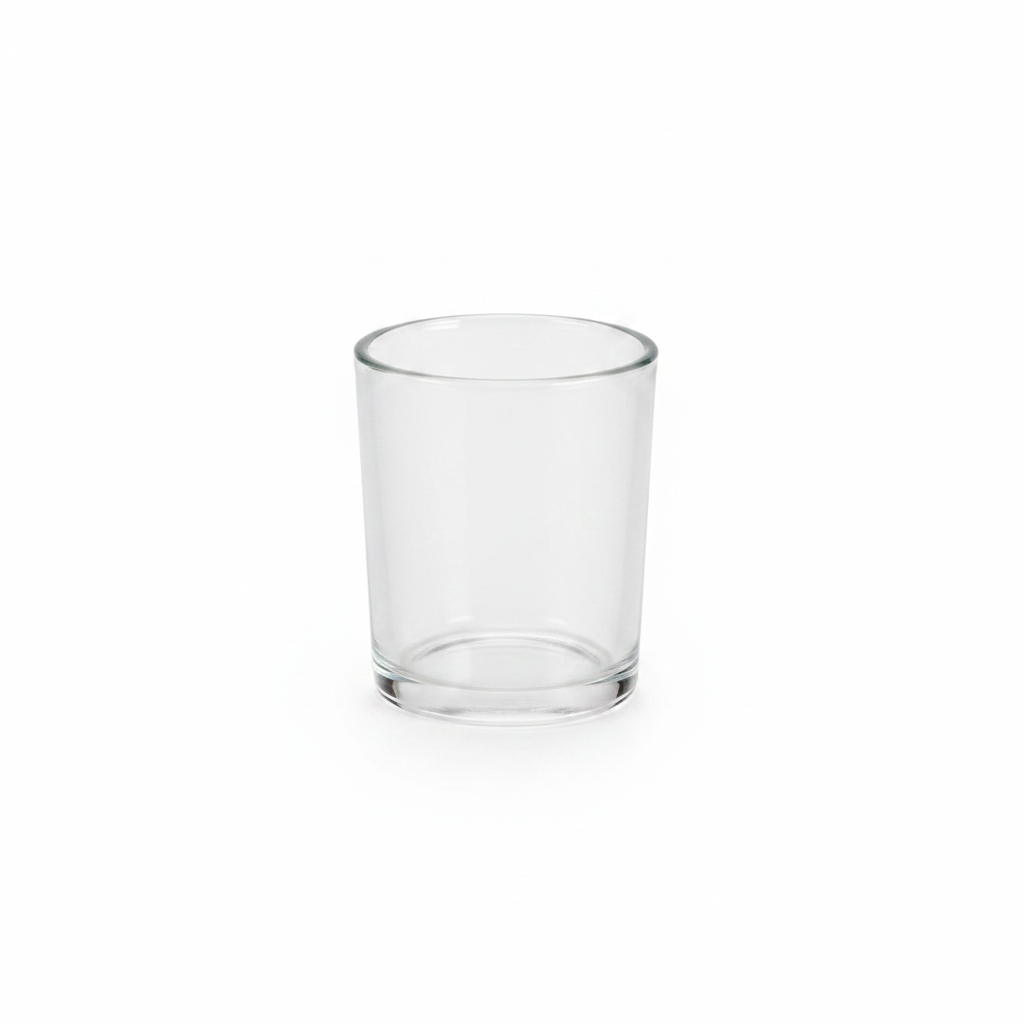 Clear glass votive candle holder on a white background