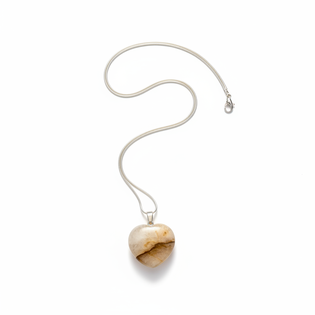 Golden Healer Quartz heart pendant with chain on a white background
