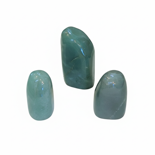 Polished Green Aventurine free-form crystal, approximately 2 to 3.5 inches, on a white background