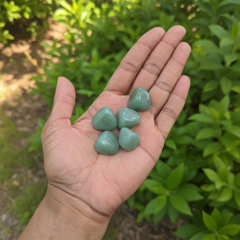 Green Aventurine Tumbled Stones displayed in a calm lifestyle setting for scale and styling inspiration.