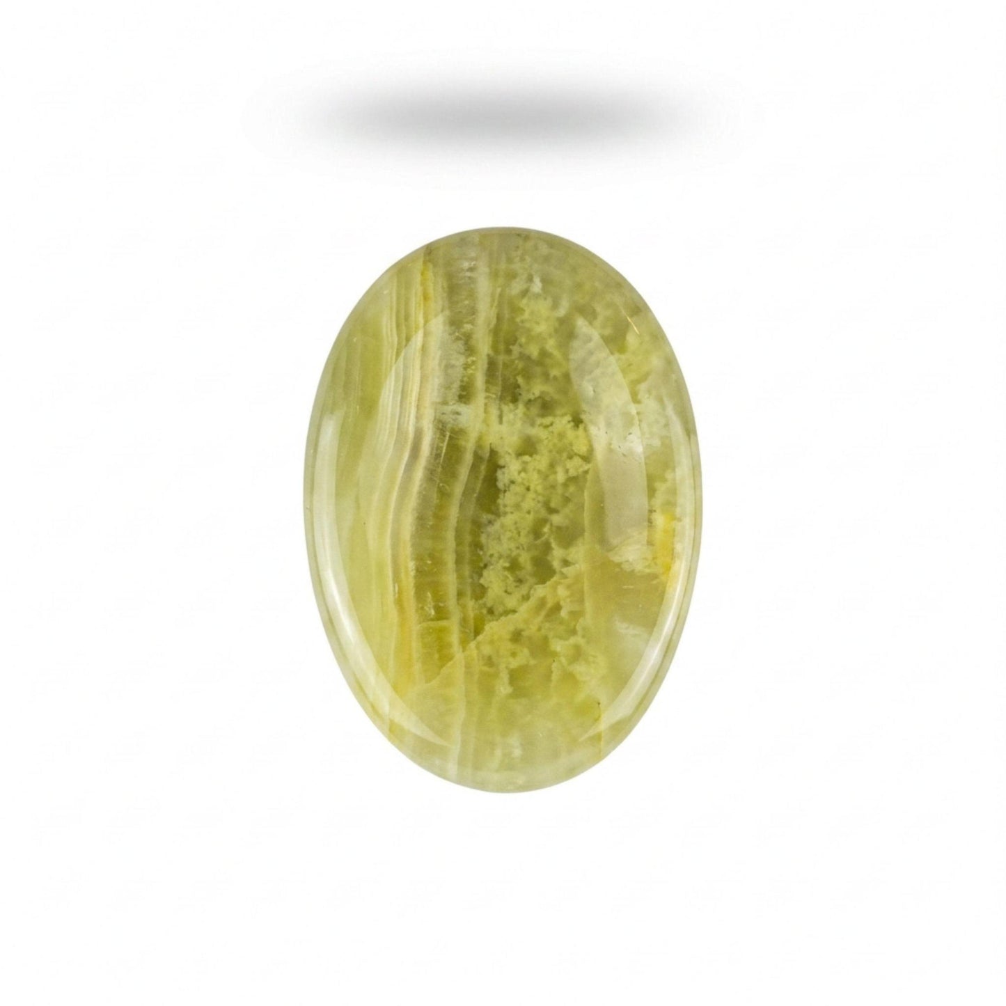 An oval-shaped worry stone with a marbled yellow and green pattern, shown on a plain white background with a soft drop shadow.