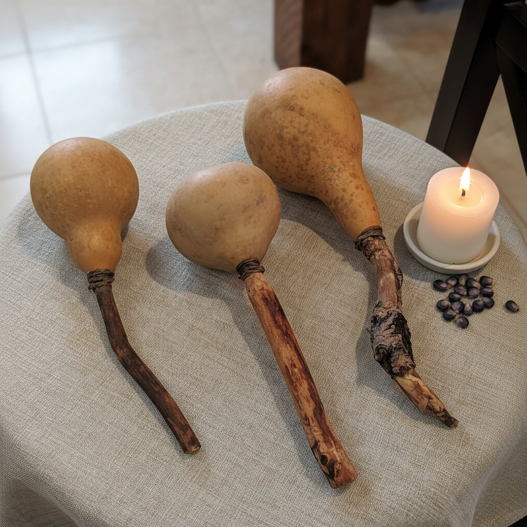 Locally handmade blue corn rattle shown in a flat lay