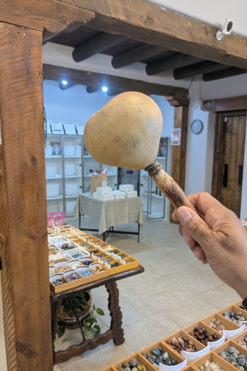Locally handmade blue corn rattle held in one hand