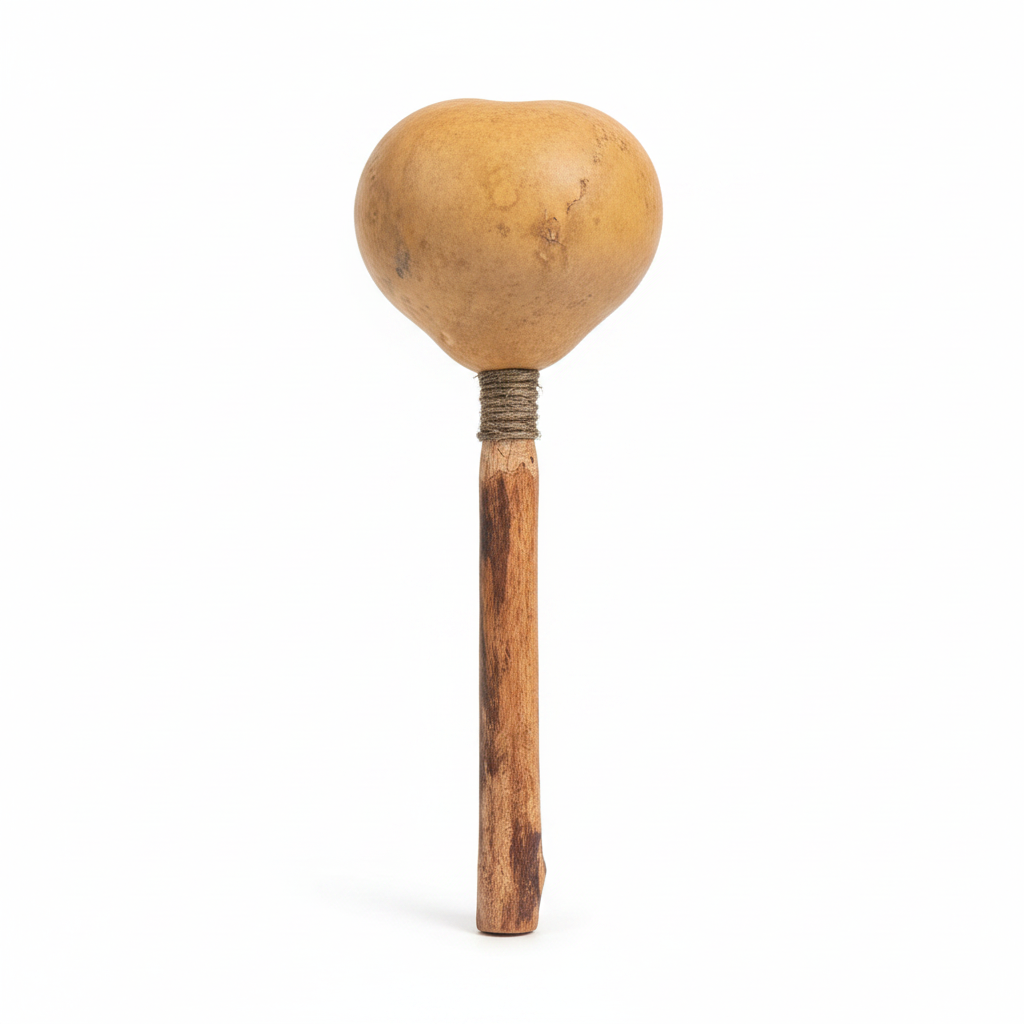 Locally handmade blue corn rattle on a white background